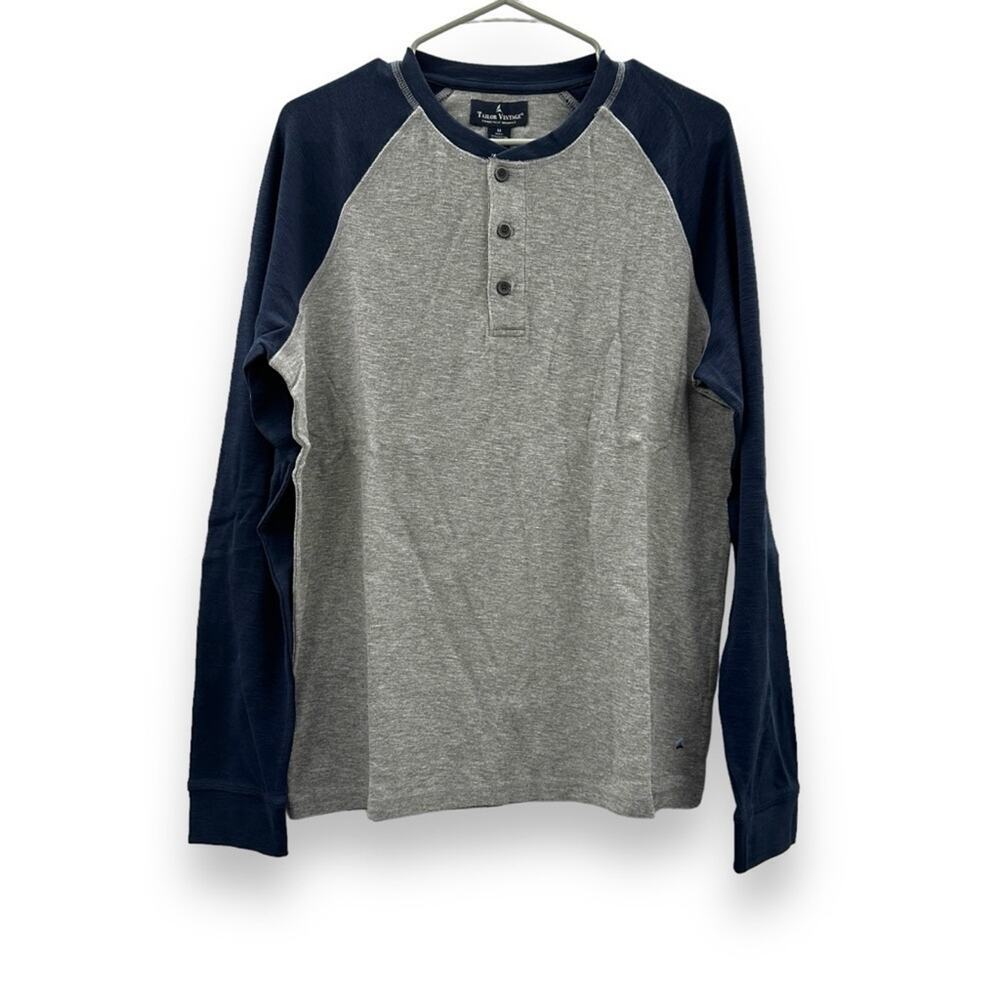 Tailor Vintage Gray & Navy Blue 3-Button Long Sleeve Henley Tee Shirt Sz M NEW‎